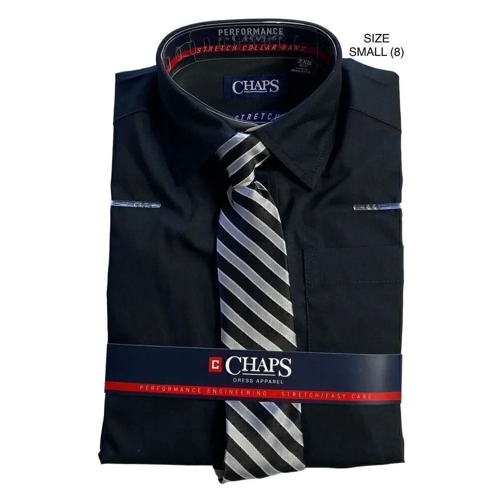 CHAPS BOYS SMALL 8 BLACK SHIRT AND TIE SET